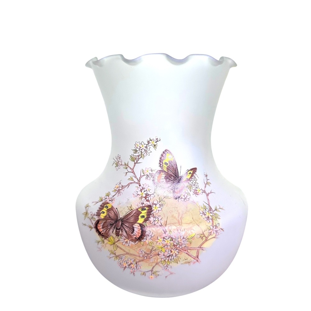 Viking Glass Frosted Satin Butterfly Vase Ruffled Rim Vintage White Floral 6in